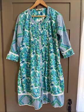 Global Desi Teal and Navy Floral Tunic dress large